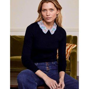 Boden Navy Blue Colette Embroidered Scalloped Collar Long Sleeve Sweater M NWT